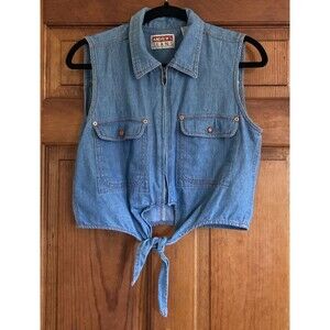 Andrew’s Jeans Womens L Blue Denim Sleevless Zip Tie Cropped Top Country VTG